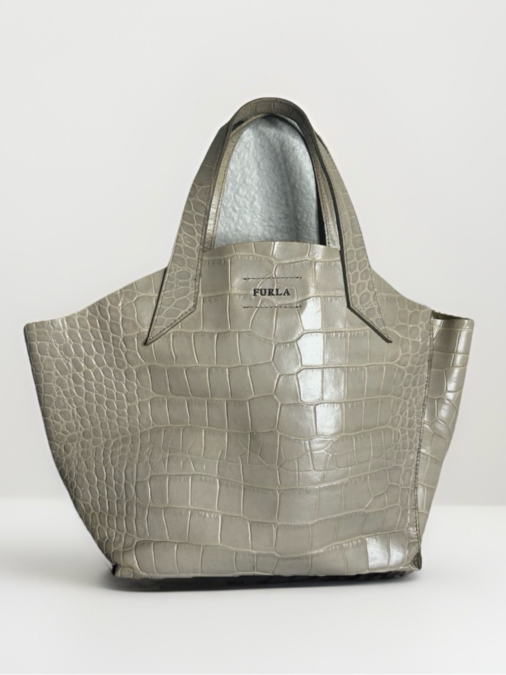 Furla Croc-Embossed Gray Taupe Tote